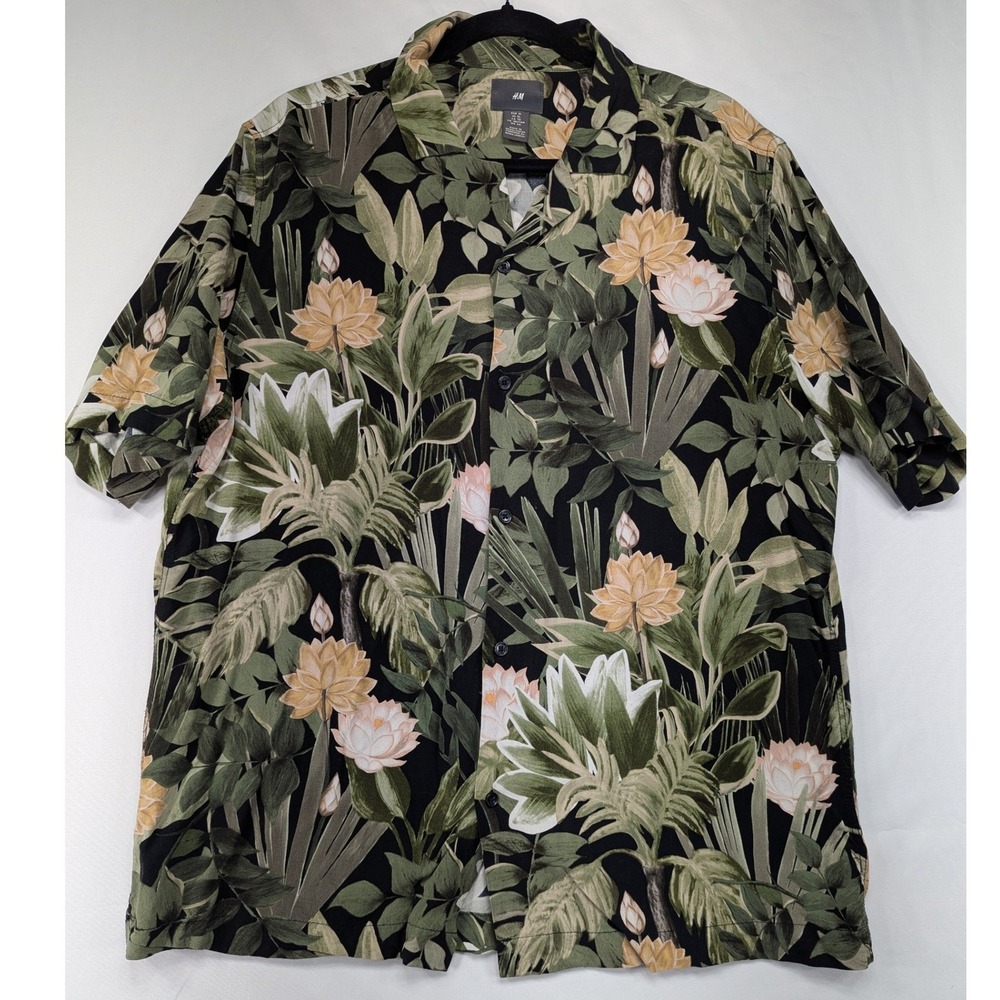 H&M Mens‎ Tropical Floral Short Sleeve Button Up Shirt XL Black Green Beige